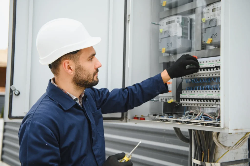 Industrial electrician performing maintenance in switchboard